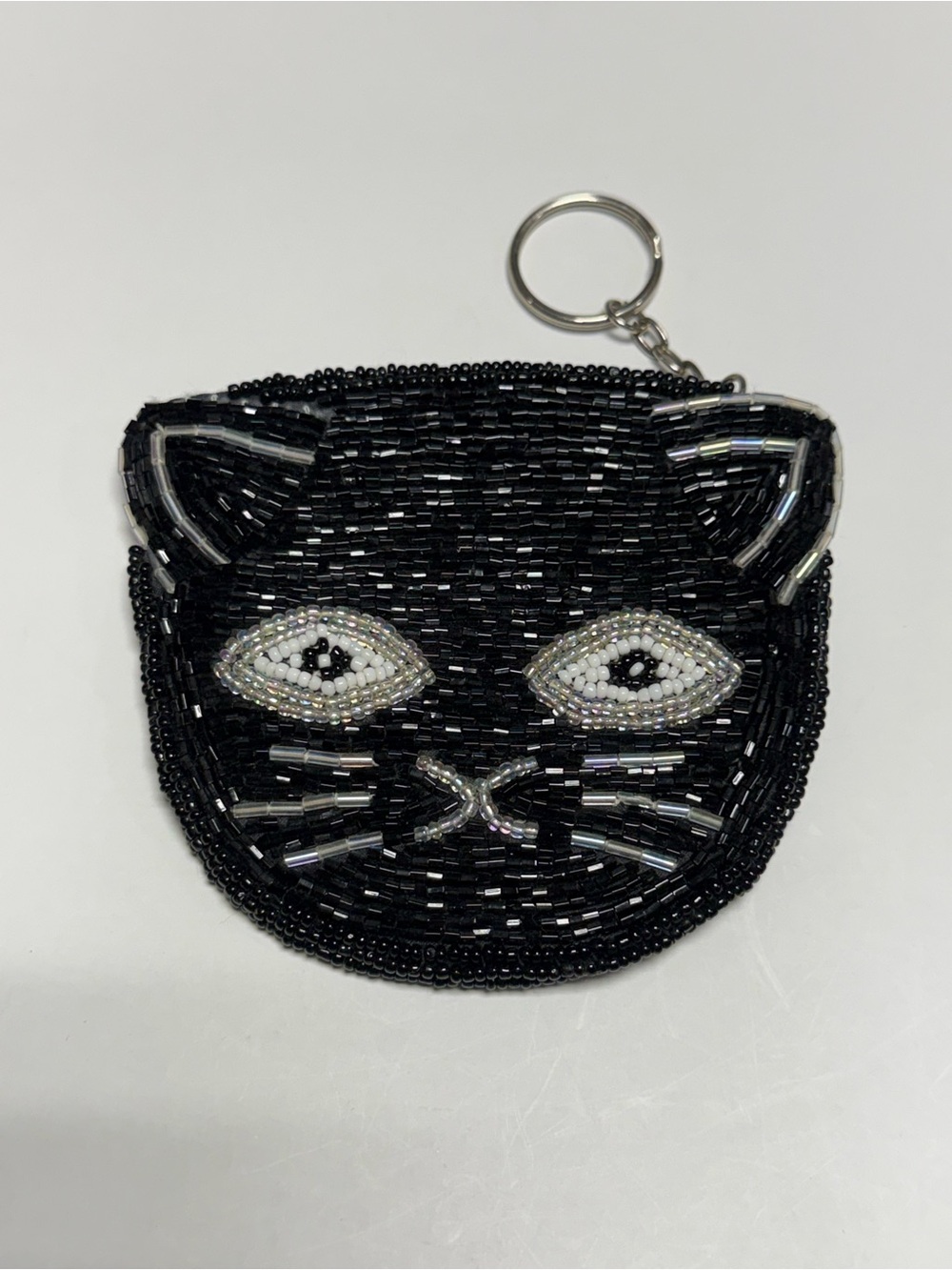 Lee Sands Beaded Black Cat Coin Purse Keychain NWOT Novelty Zip Pouch Cat Lover